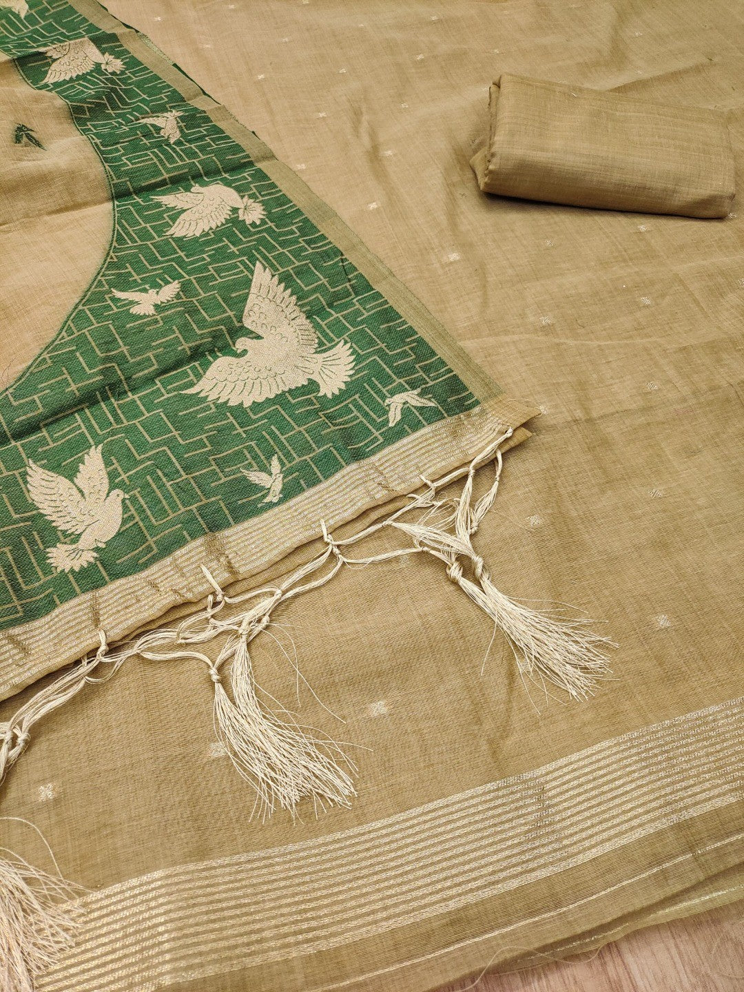 Artistic Chikoo Floral & Birds Motif Zari Weaving Muga Cotton Blend Jamdani Dress Material - Image 4