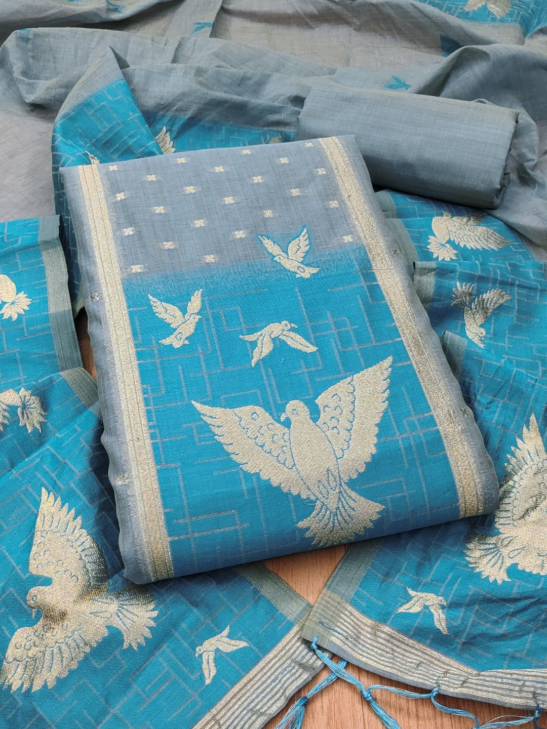 Artistic Grey Floral & Birds Motif Zari Weaving Muga Cotton Blend Jamdani Dress Material - Image 1
