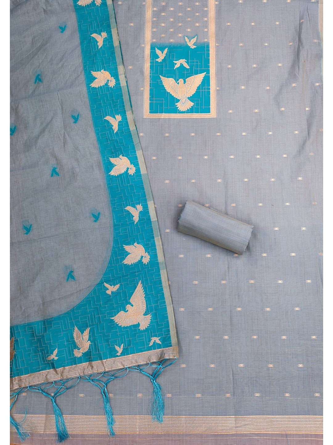 Artistic Grey Floral & Birds Motif Zari Weaving Muga Cotton Blend Jamdani Dress Material - Image 3