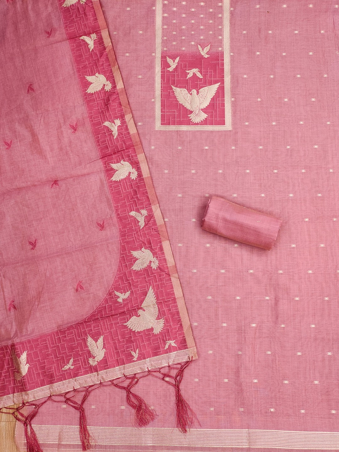 Artistic Pink Floral & Birds Motif Zari Weaving Muga Cotton Blend Jamdani Dress Material - Image 2