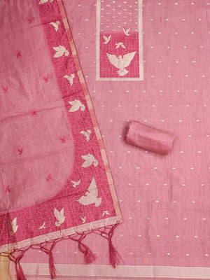 Artistic Pink Floral & Birds Motif Zari Weaving Muga Cotton Blend Jamdani Dress Material - Image 2