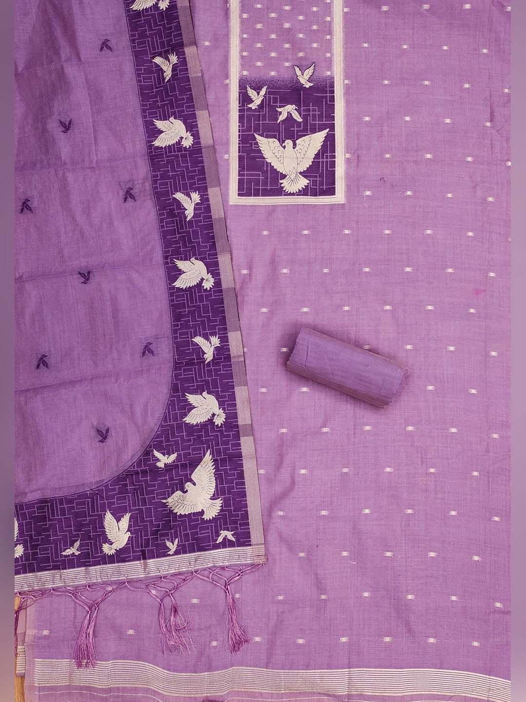 Artistic Purple Floral & Birds Motif Zari Weaving Muga Cotton Blend Jamdani Dress Material - Image 2