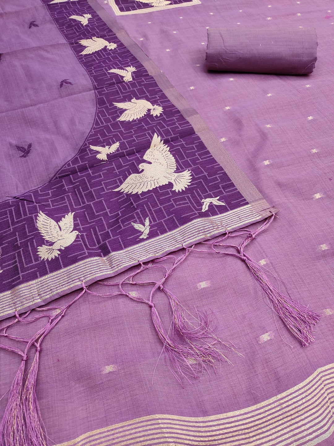 Artistic Purple Floral & Birds Motif Zari Weaving Muga Cotton Blend Jamdani Dress Material - Image 4