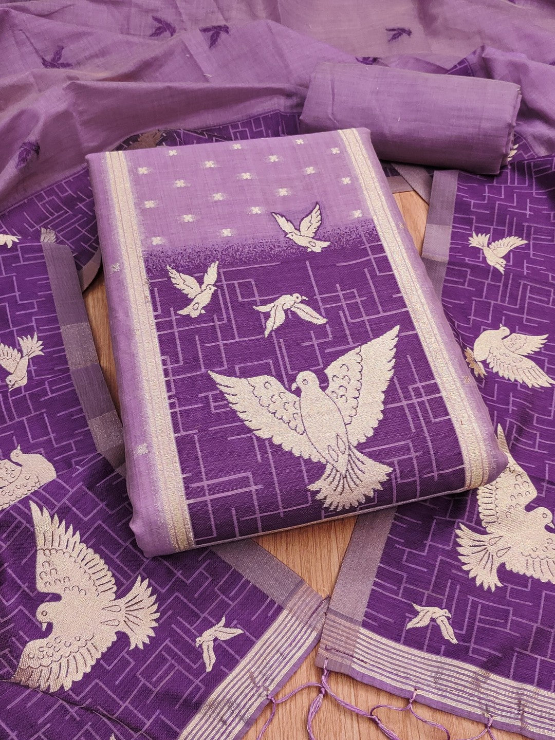 Artistic Purple Floral & Birds Motif Zari Weaving Muga Cotton Blend Jamdani Dress Material - Image 1