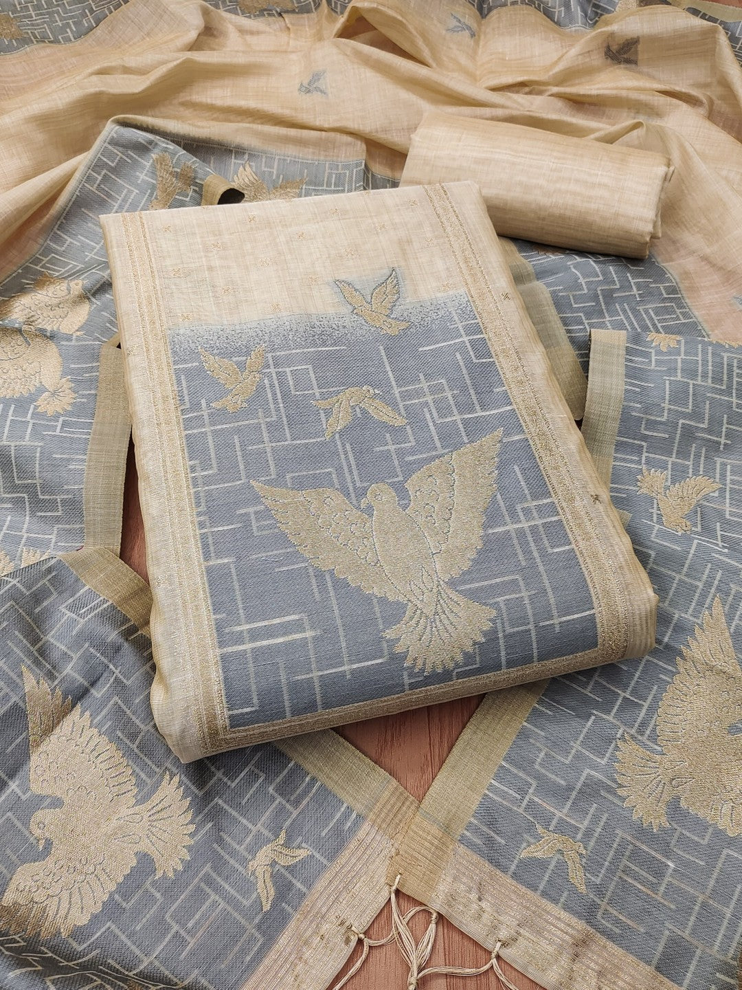 Artistic Cream Floral & Birds Motif Zari Weaving Muga Cotton Blend Jamdani Dress Material - Image 1
