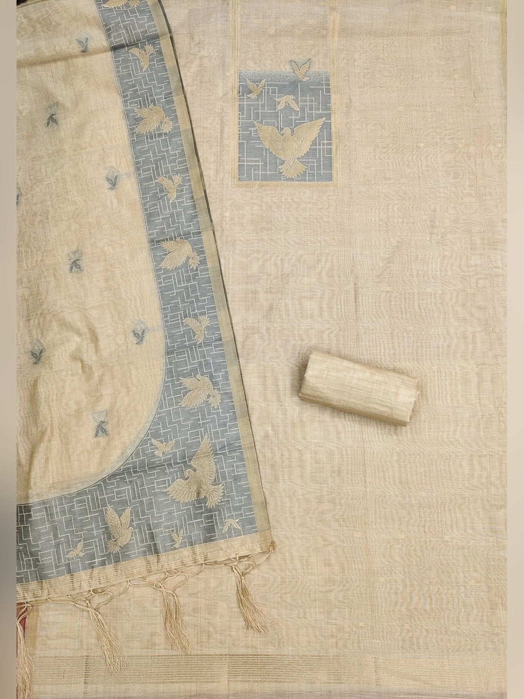 Artistic Cream Floral & Birds Motif Zari Weaving Muga Cotton Blend Jamdani Dress Material - Image 3