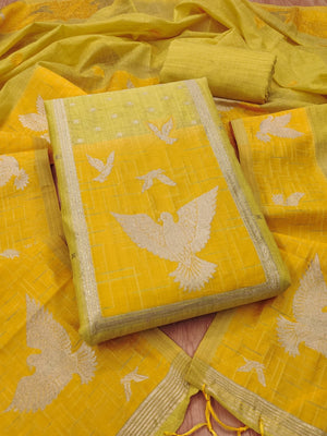 Artistic Mustard Floral & Birds Motif Zari Weaving Muga Cotton Blend Jamdani Dress Material - Image 1