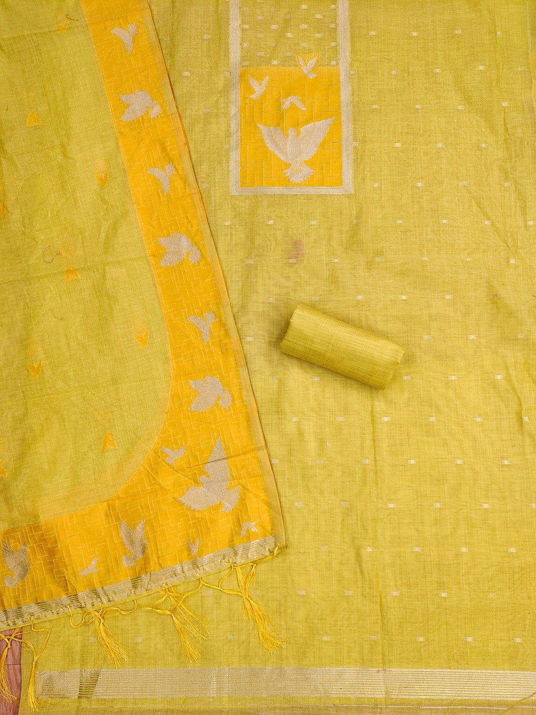Artistic Mustard Floral & Birds Motif Zari Weaving Muga Cotton Blend Jamdani Dress Material - Image 3