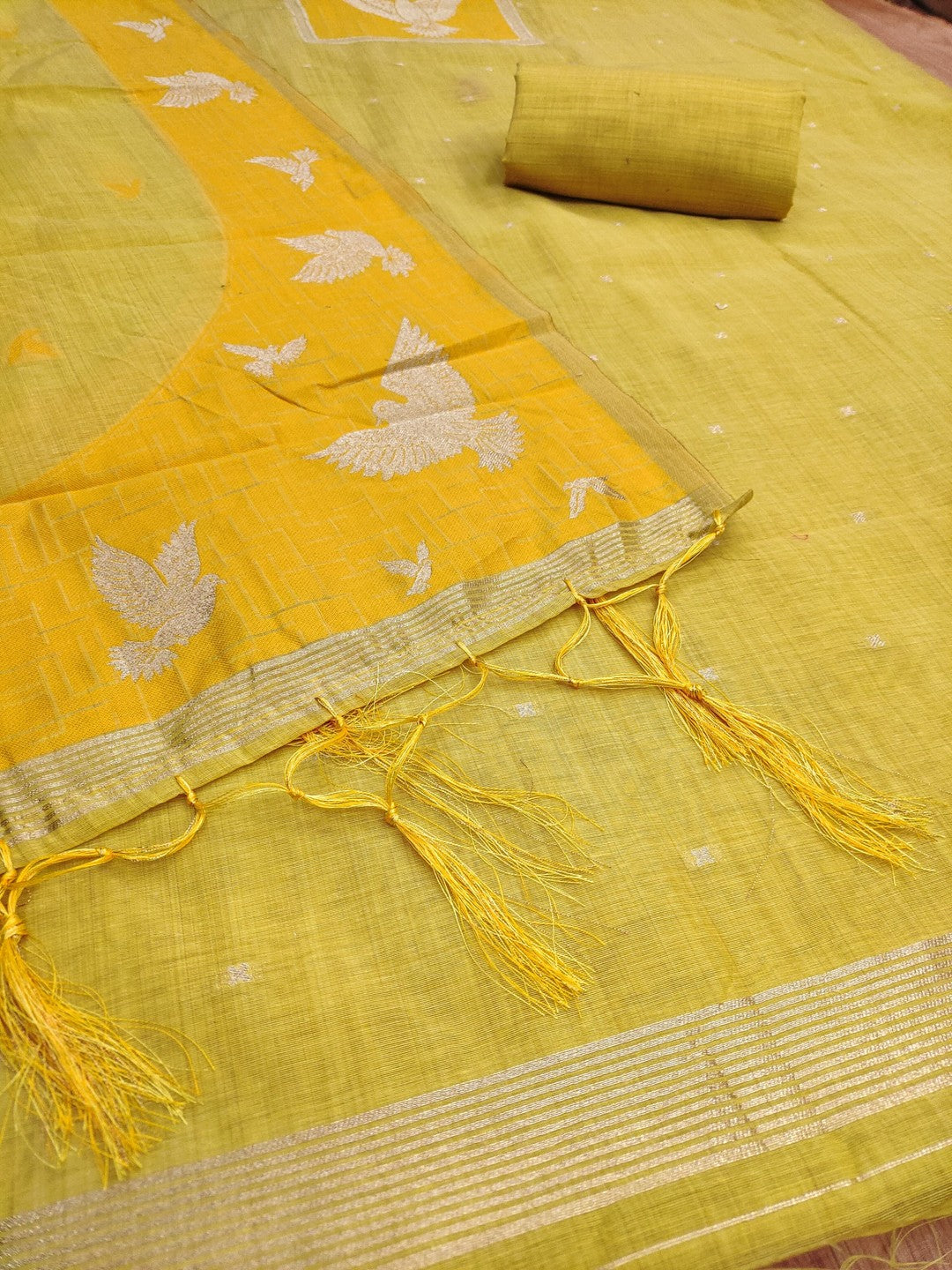 Artistic Mustard Floral & Birds Motif Zari Weaving Muga Cotton Blend Jamdani Dress Material - Image 5