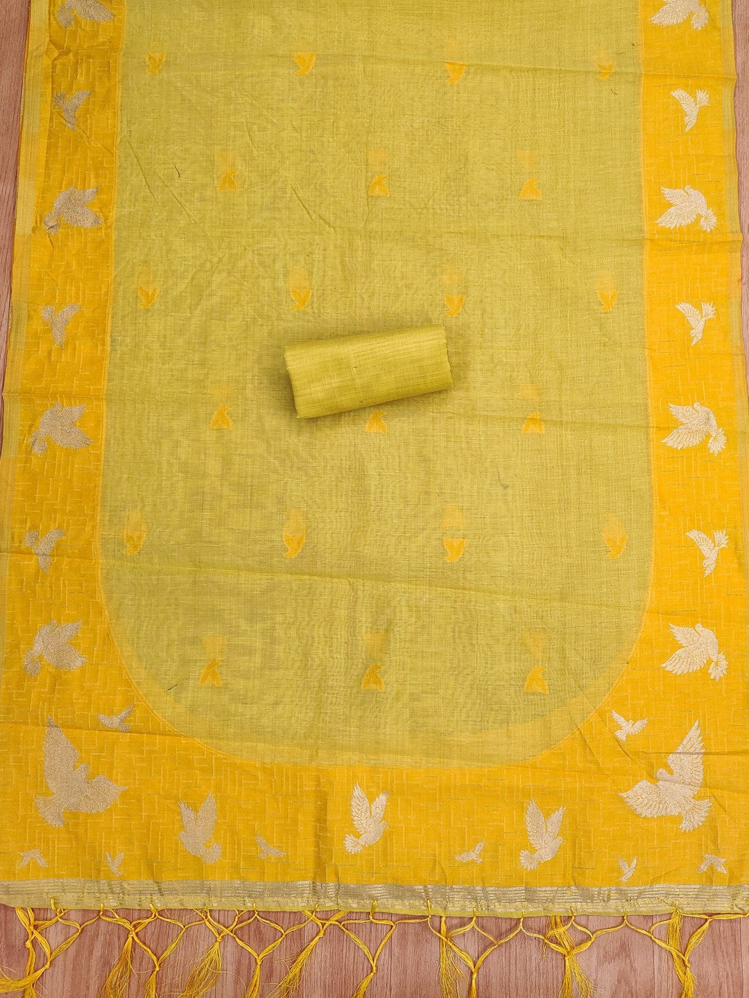 Artistic Mustard Floral & Birds Motif Zari Weaving Muga Cotton Blend Jamdani Dress Material - Image 4