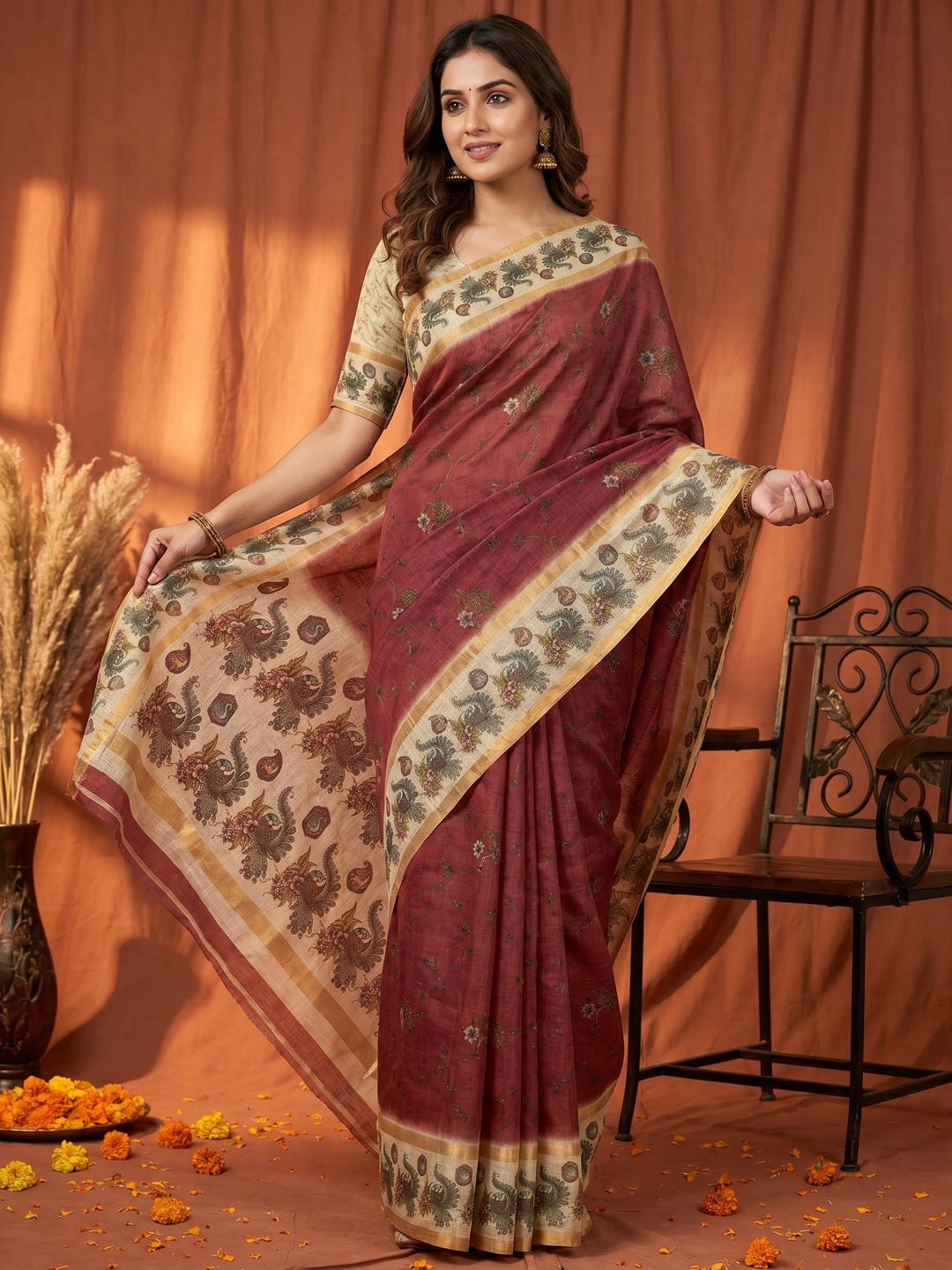 Maroon Cotton Silk Digital Print Saree with Zari Border - Image 1