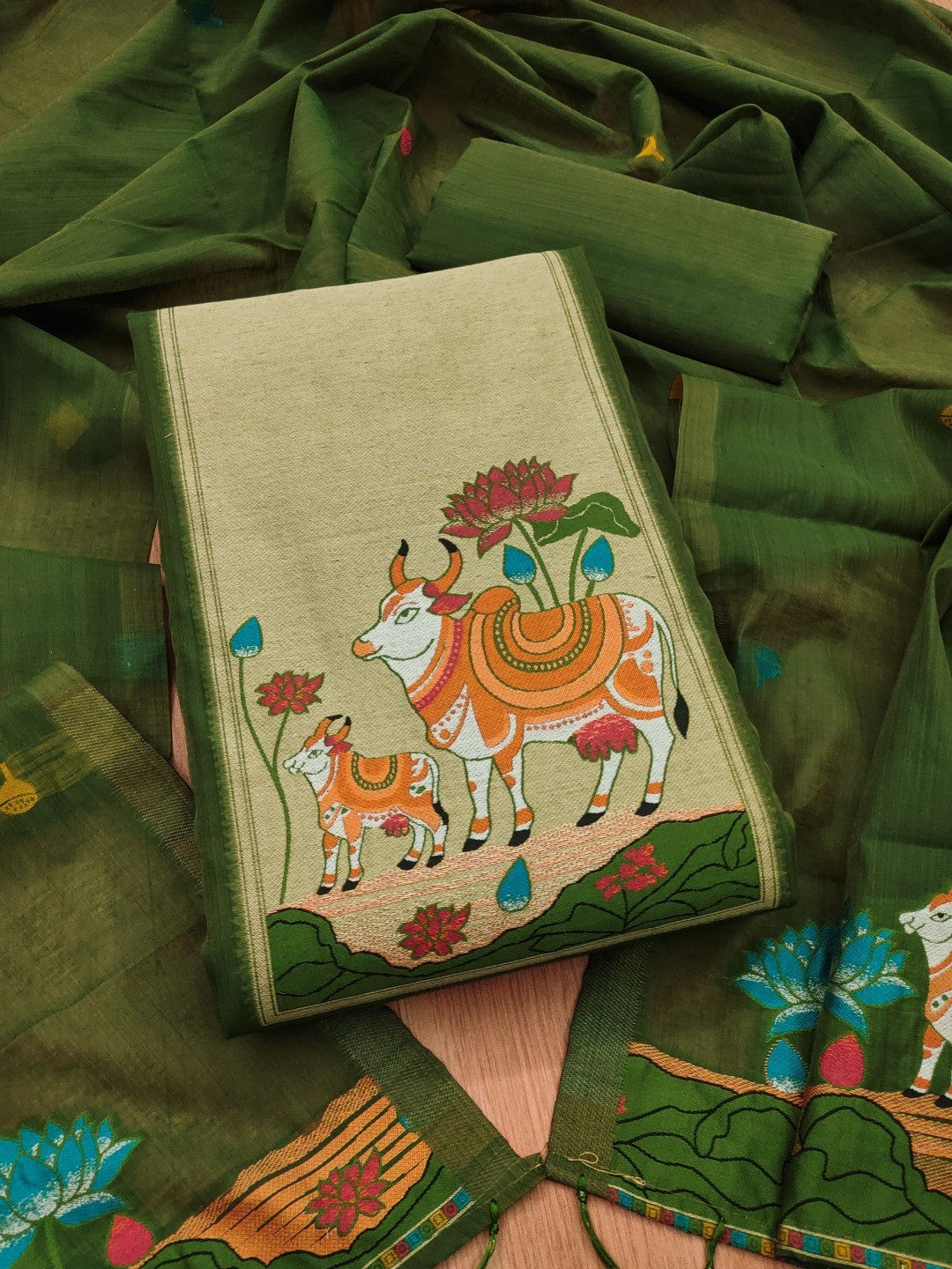 Classic Green Pichwai Cow & Lotus Motif Zari Weaving Muga Cotton Blend Jamdani Dress Material - Image 1