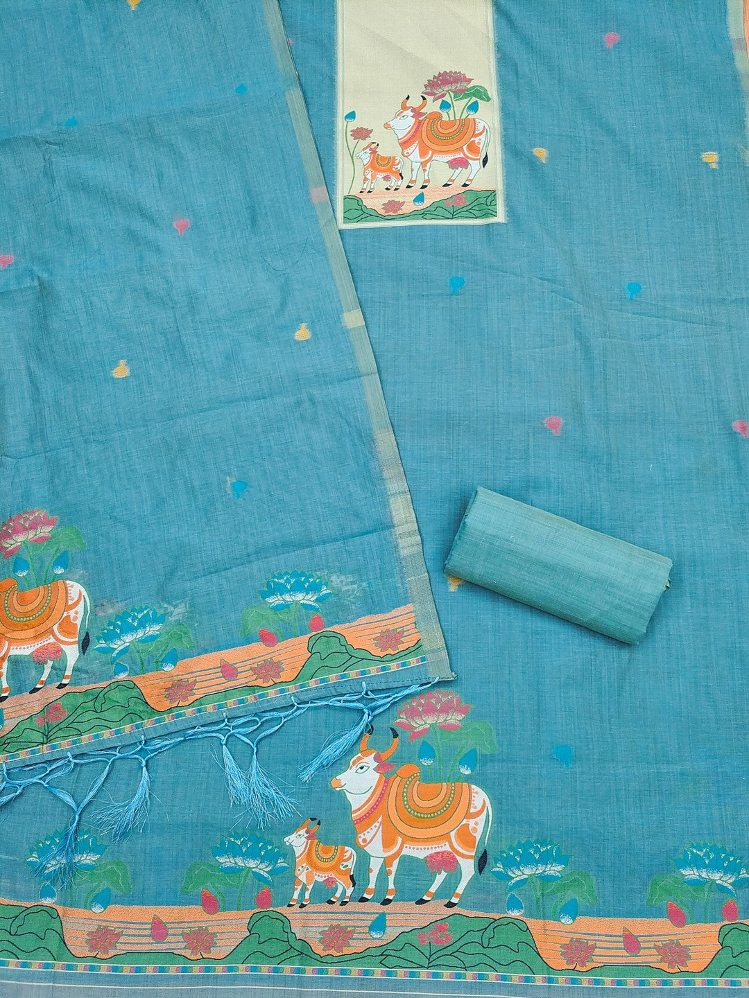 Classic Blue Pichwai Cow & Lotus Motif Zari Weaving Muga Cotton Blend Jamdani Dress Material - Image 3