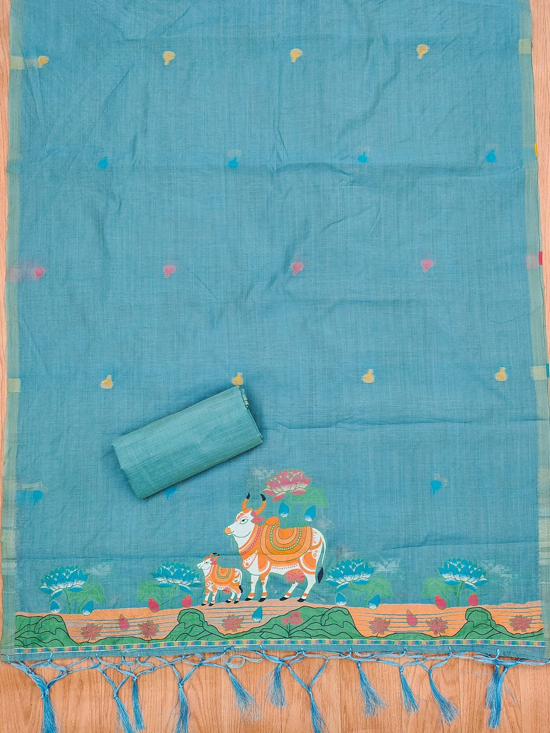 Classic Blue Pichwai Cow & Lotus Motif Zari Weaving Muga Cotton Blend Jamdani Dress Material - Image 5