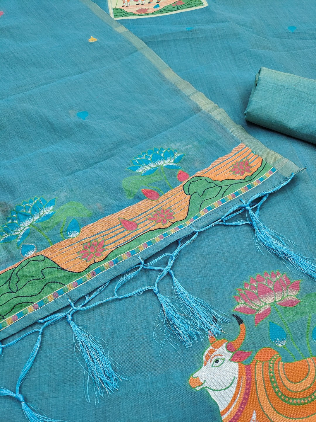 Classic Blue Pichwai Cow & Lotus Motif Zari Weaving Muga Cotton Blend Jamdani Dress Material - Image 4