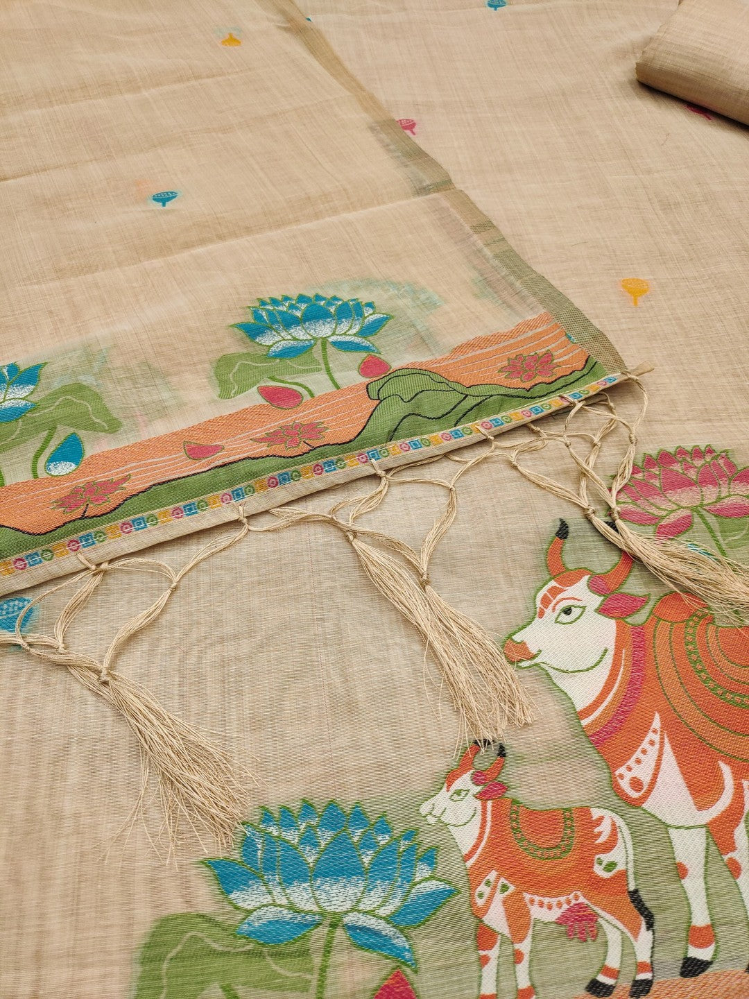 Classic Cream Pichwai Cow & Lotus Motif Zari Weaving Muga Cotton Blend Jamdani Dress Material - Image 4