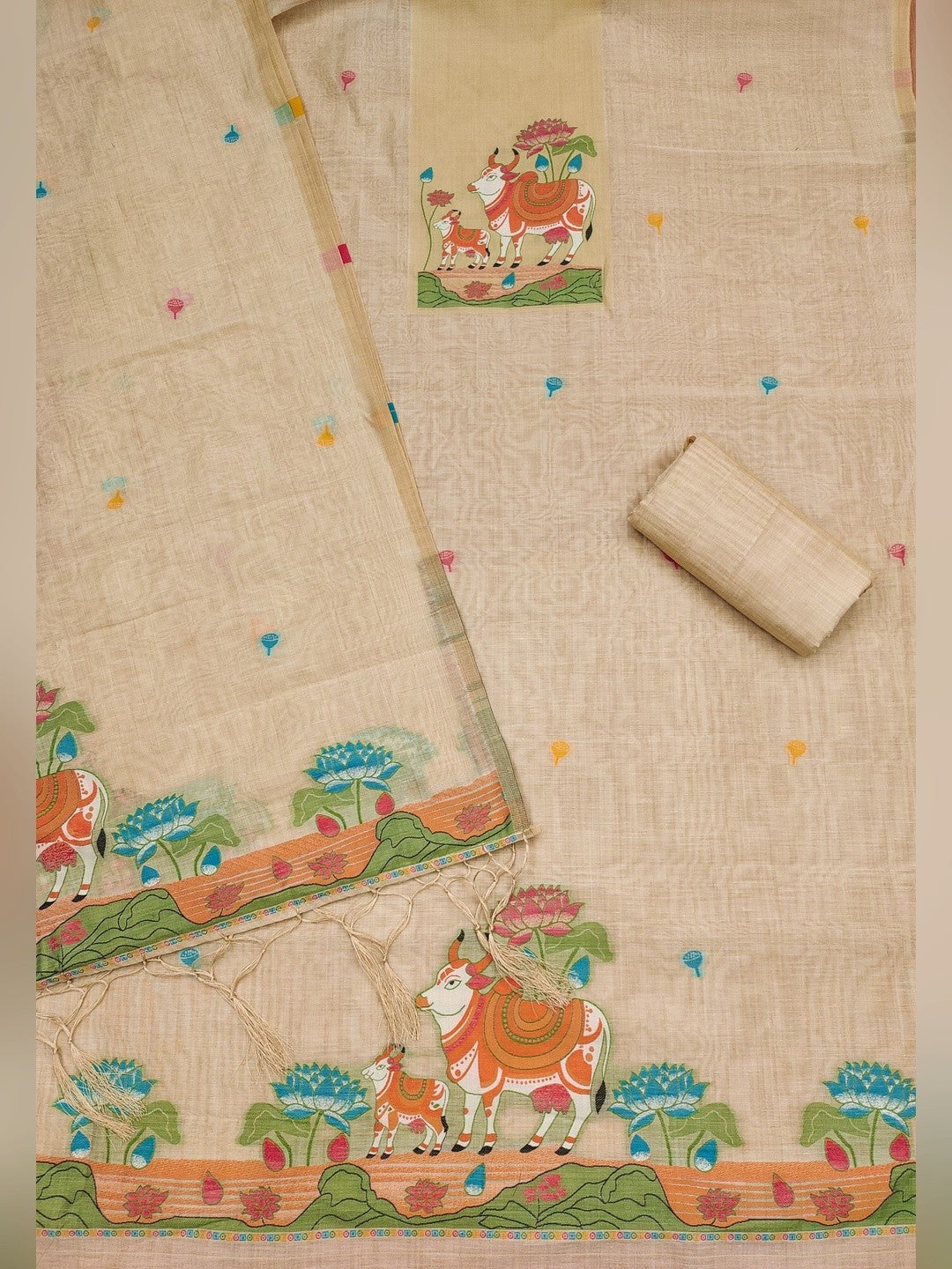Classic Cream Pichwai Cow & Lotus Motif Zari Weaving Muga Cotton Blend Jamdani Dress Material - Image 3