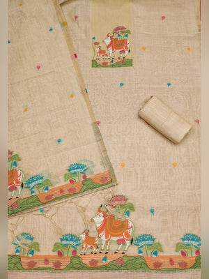 Classic Cream Pichwai Cow & Lotus Motif Zari Weaving Muga Cotton Blend Jamdani Dress Material - Image 2