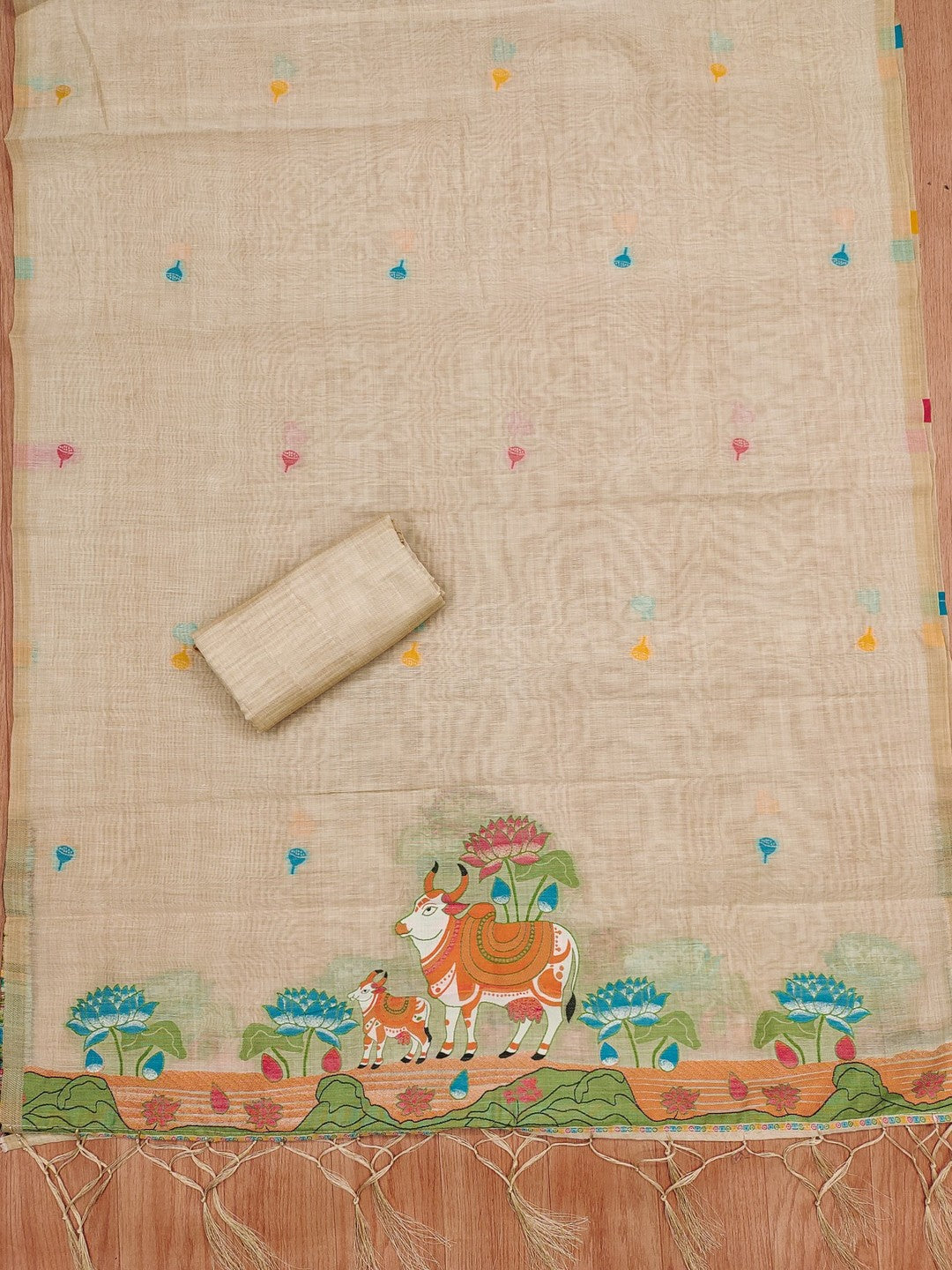 Classic Cream Pichwai Cow & Lotus Motif Zari Weaving Muga Cotton Blend Jamdani Dress Material - Image 5