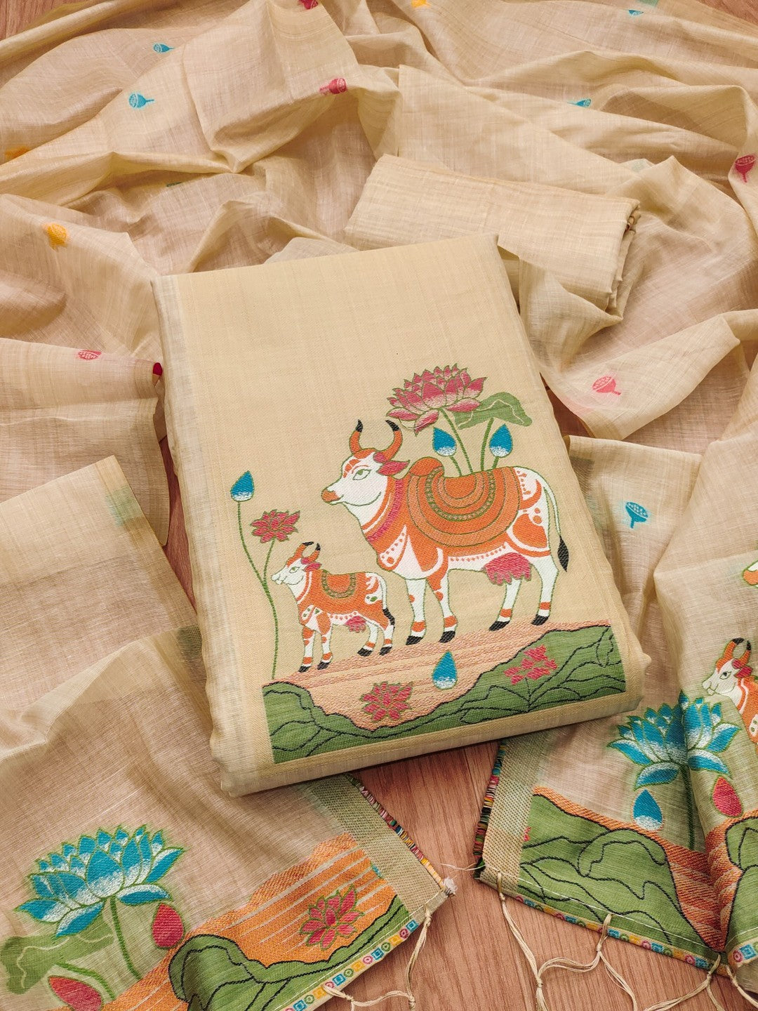 Classic Cream Pichwai Cow & Lotus Motif Zari Weaving Muga Cotton Blend Jamdani Dress Material - Image 1