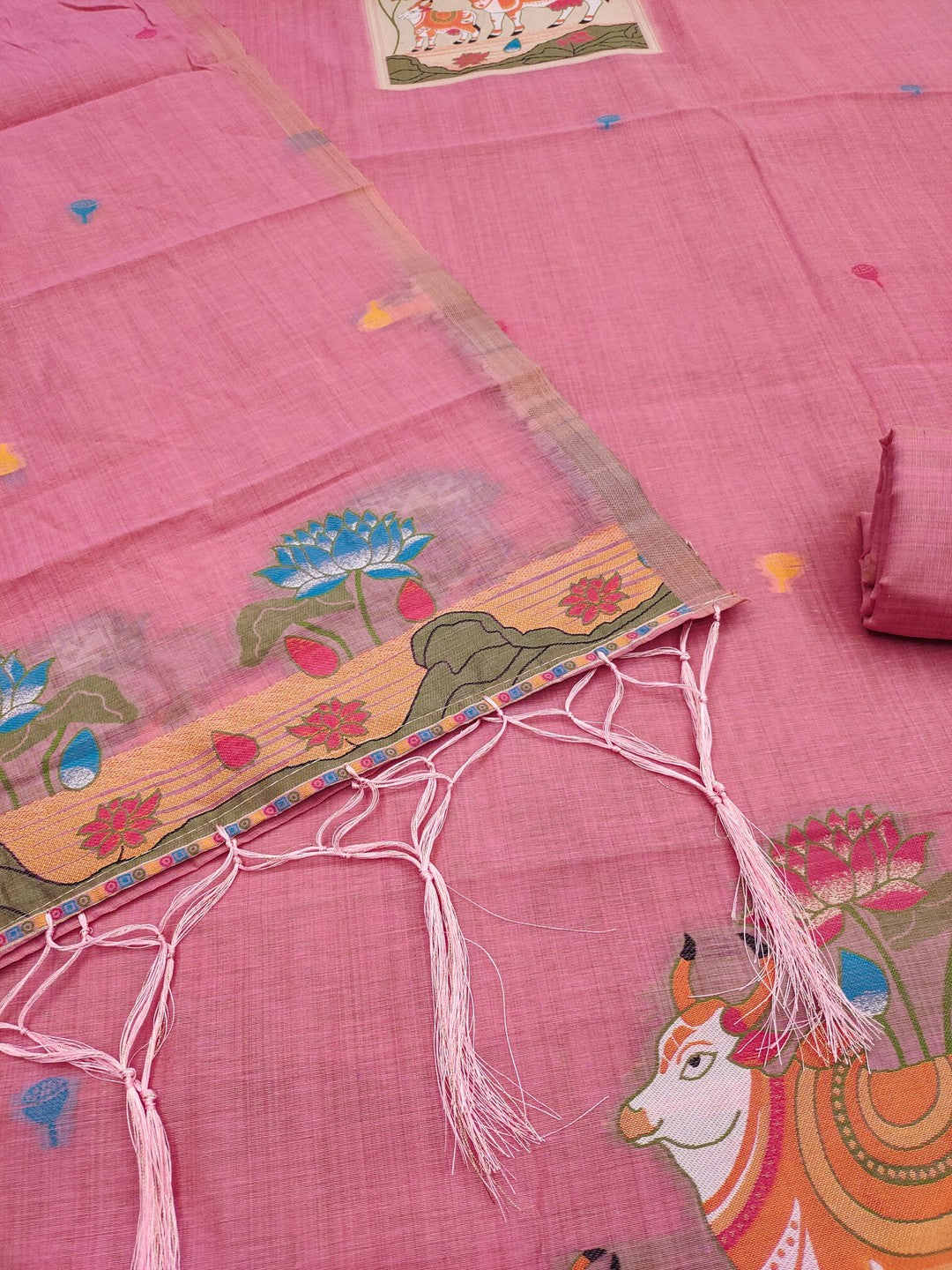 Classic Pink Pichwai Cow & Lotus Motif Zari Weaving Muga Cotton Blend Jamdani Dress Material - Image 4