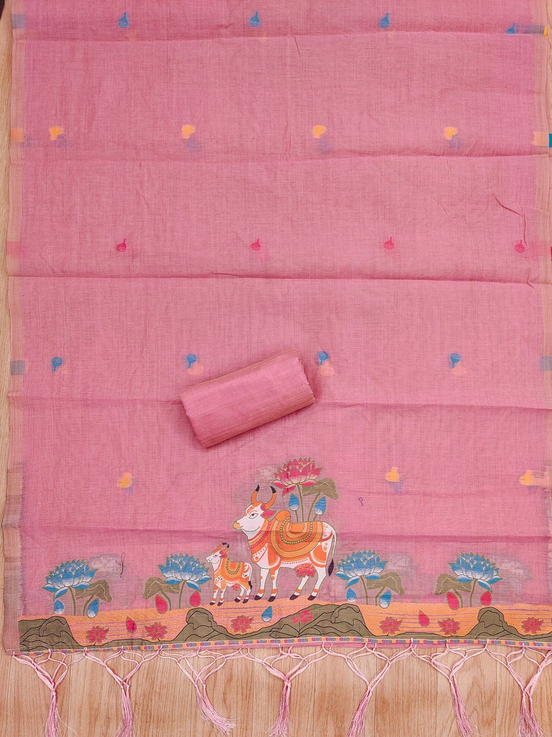 Classic Pink Pichwai Cow & Lotus Motif Zari Weaving Muga Cotton Blend Jamdani Dress Material - Image 5