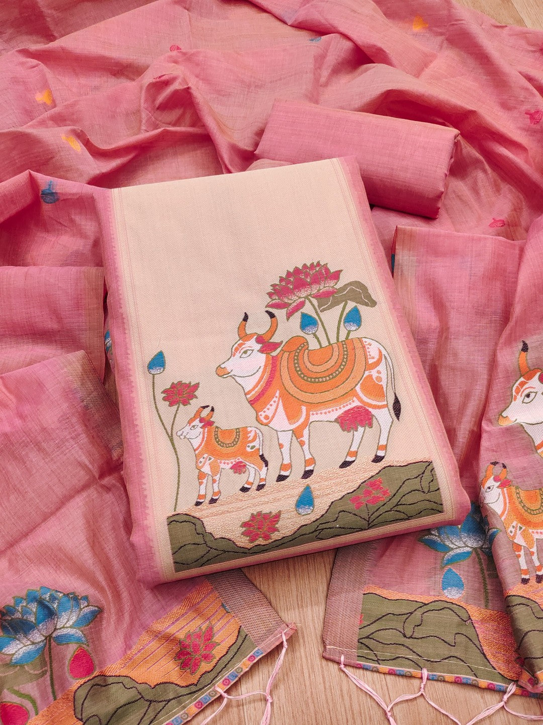 Classic Pink Pichwai Cow & Lotus Motif Zari Weaving Muga Cotton Blend Jamdani Dress Material - Image 3