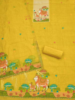 Classic Mustard Pichwai Cow & Lotus Motif Zari Weaving Muga Cotton Blend Jamdani Dress Material - Image 2