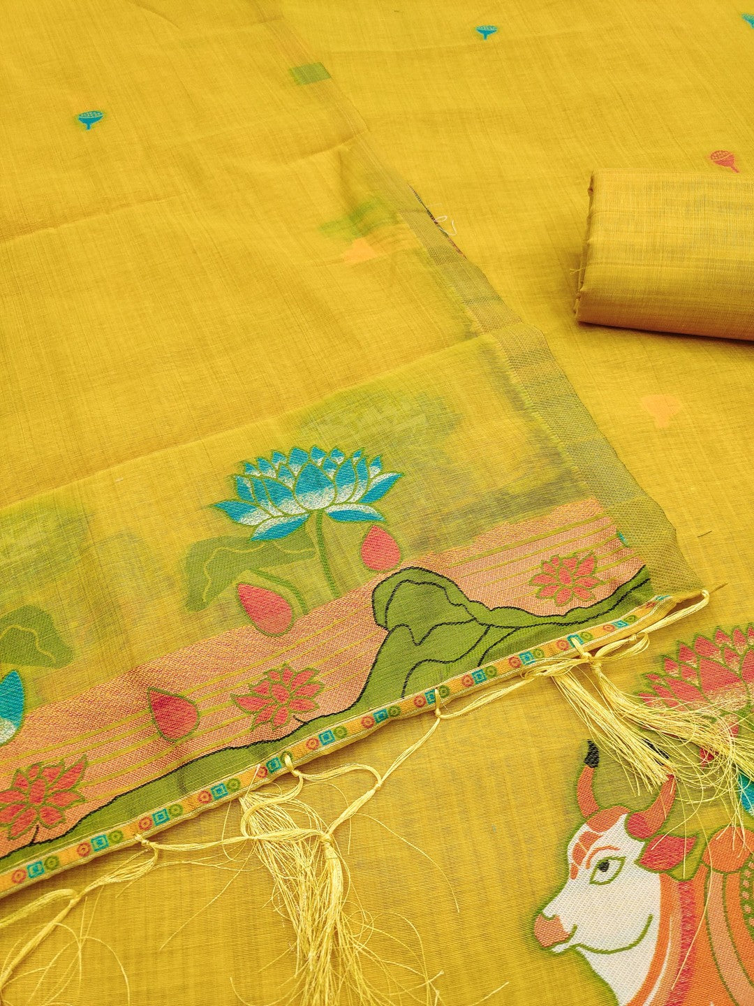 Classic Mustard Pichwai Cow & Lotus Motif Zari Weaving Muga Cotton Blend Jamdani Dress Material - Image 5