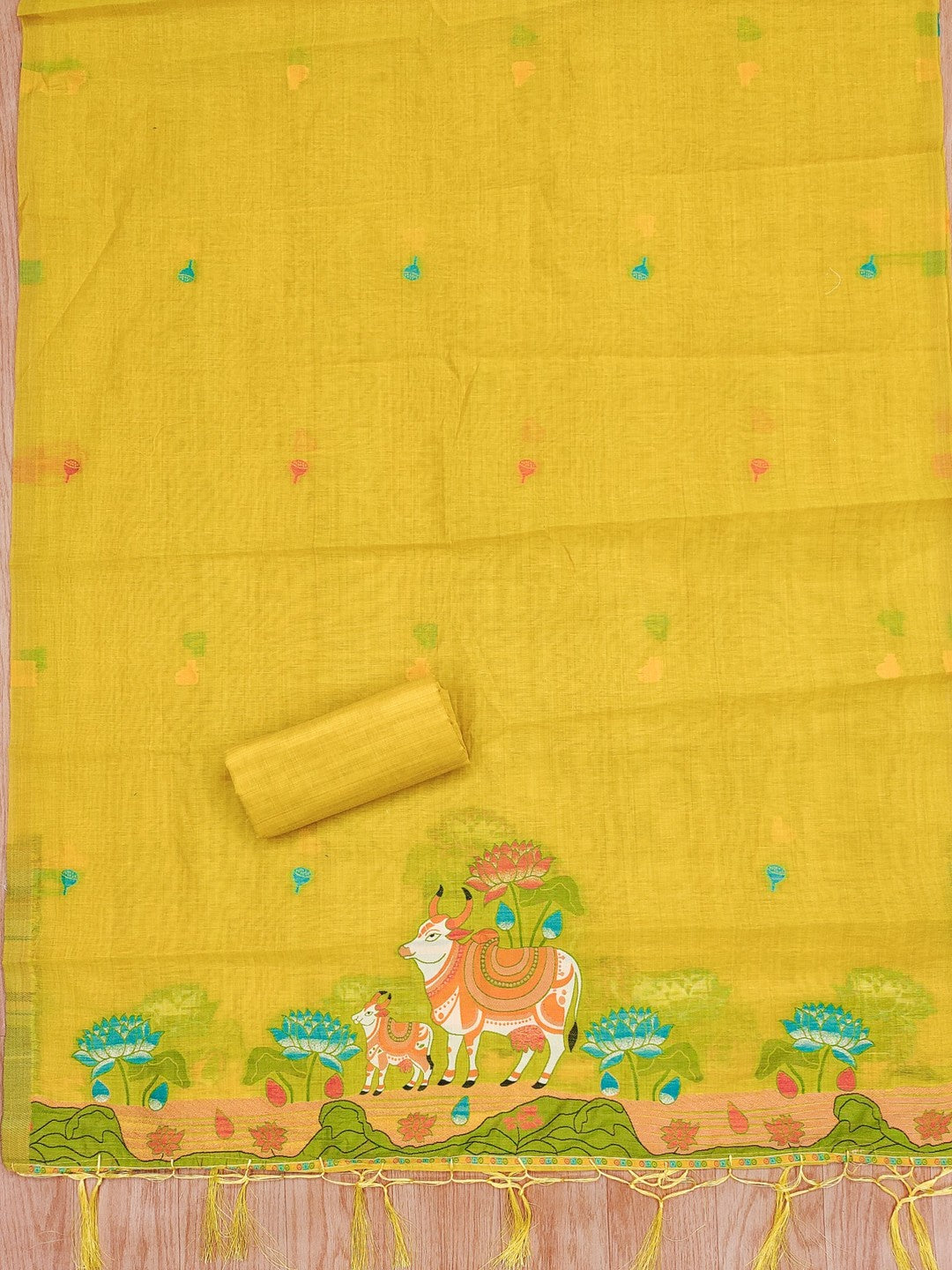 Classic Mustard Pichwai Cow & Lotus Motif Zari Weaving Muga Cotton Blend Jamdani Dress Material - Image 4