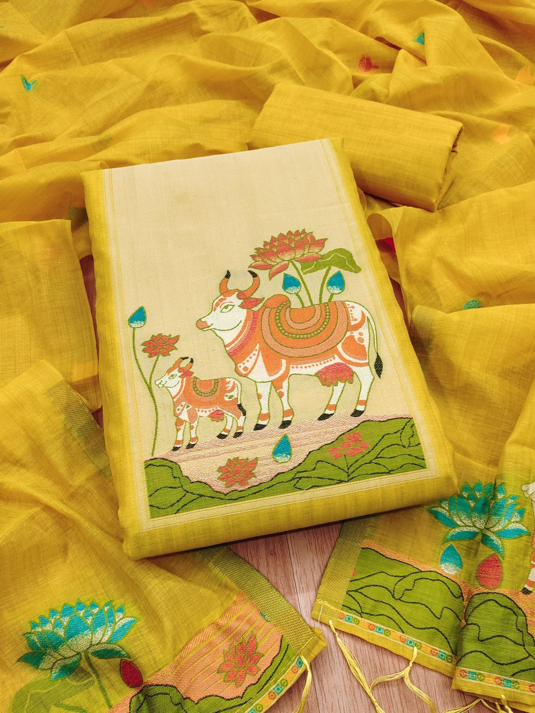 Classic Mustard Pichwai Cow & Lotus Motif Zari Weaving Muga Cotton Blend Jamdani Dress Material - Image 3