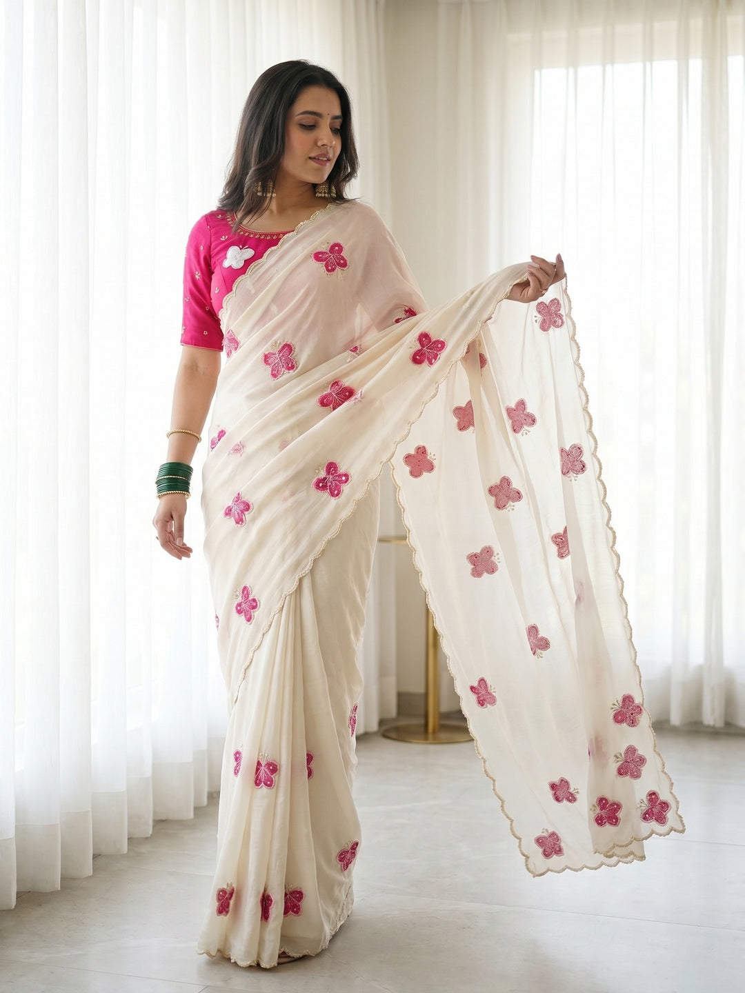 Peachmode Offwhite Chinon Saree with Pink Handwork Motifs - Image 2