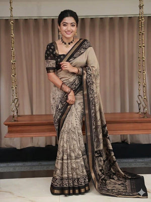Cream Mulmul Cotton Saree with Traditional Kalamkari Print - Image 2