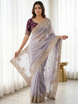 Peachmode Wine Satin Saree with Sequins Embroidery - Image 1