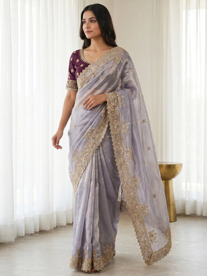 Peachmode Wine Satin Saree with Sequins Embroidery - Image 2
