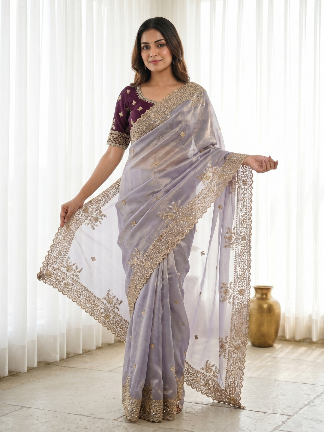 Peachmode Wine Satin Saree with Sequins Embroidery - Image 3