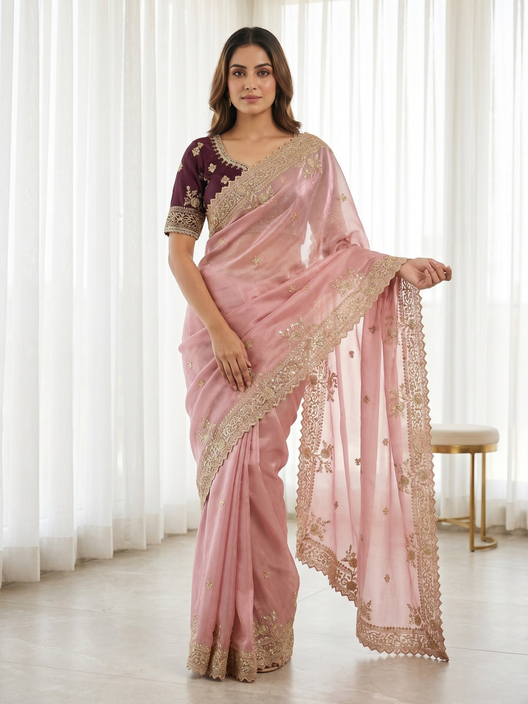 Peachmode Pink Satin Saree with Sequins Embroidery - Image 1