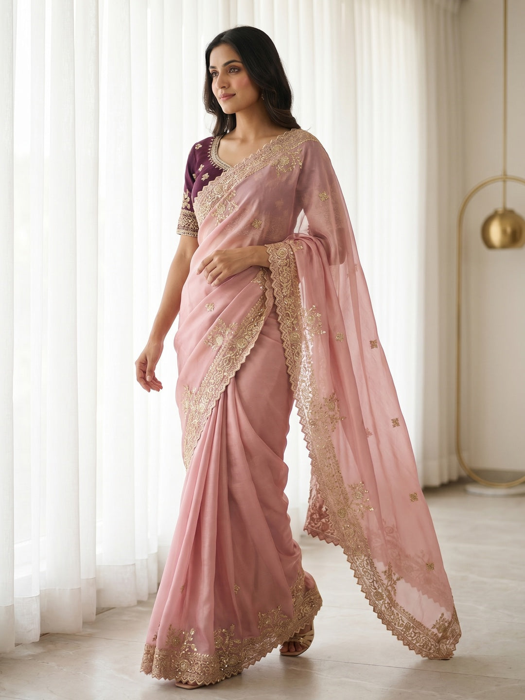 Peachmode Pink Satin Saree with Sequins Embroidery - Image 2