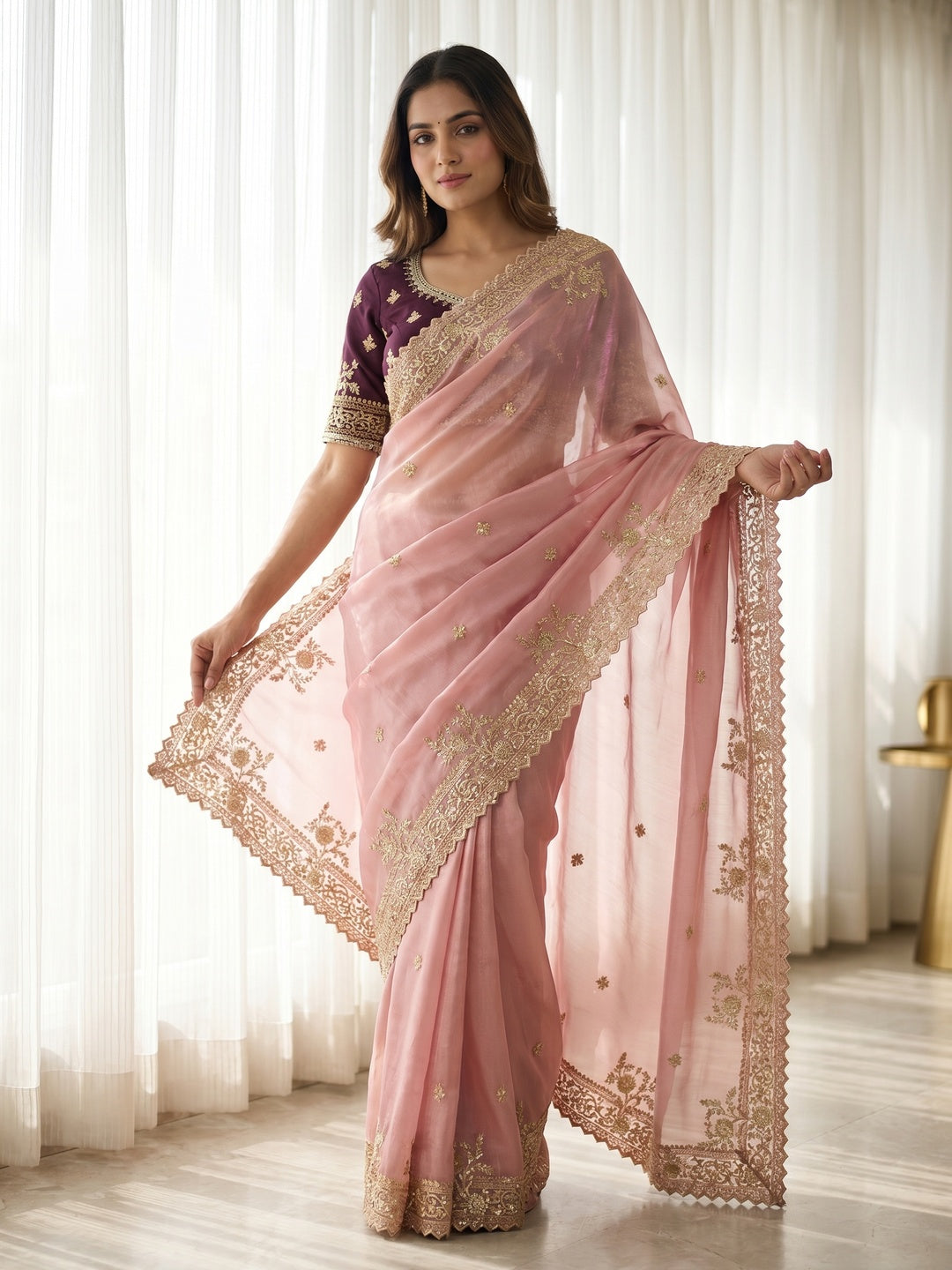 Peachmode Pink Satin Saree with Sequins Embroidery - Image 3