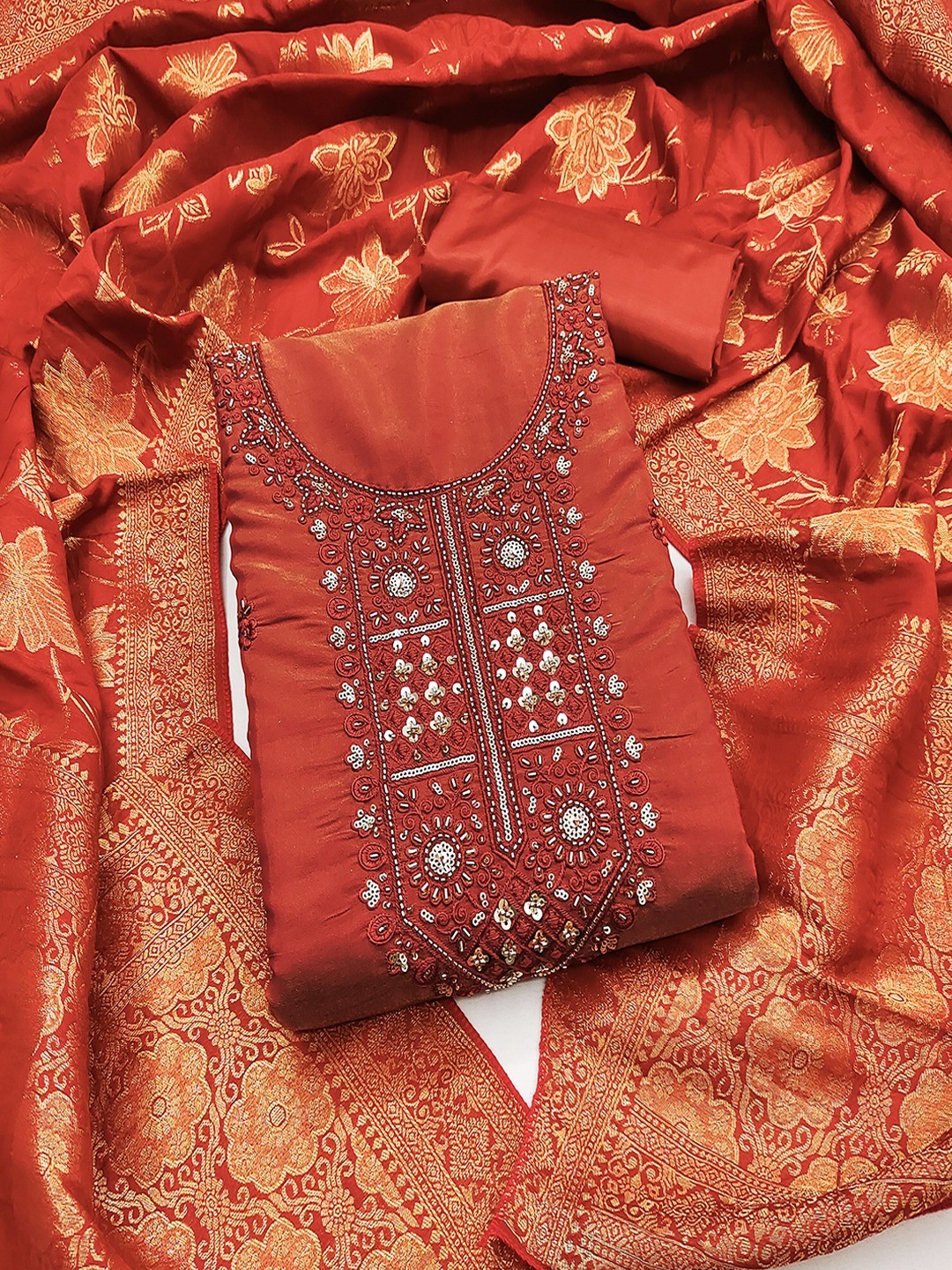Elegant Rust Shimmer Dress Material with Embroidered Details - Image 1