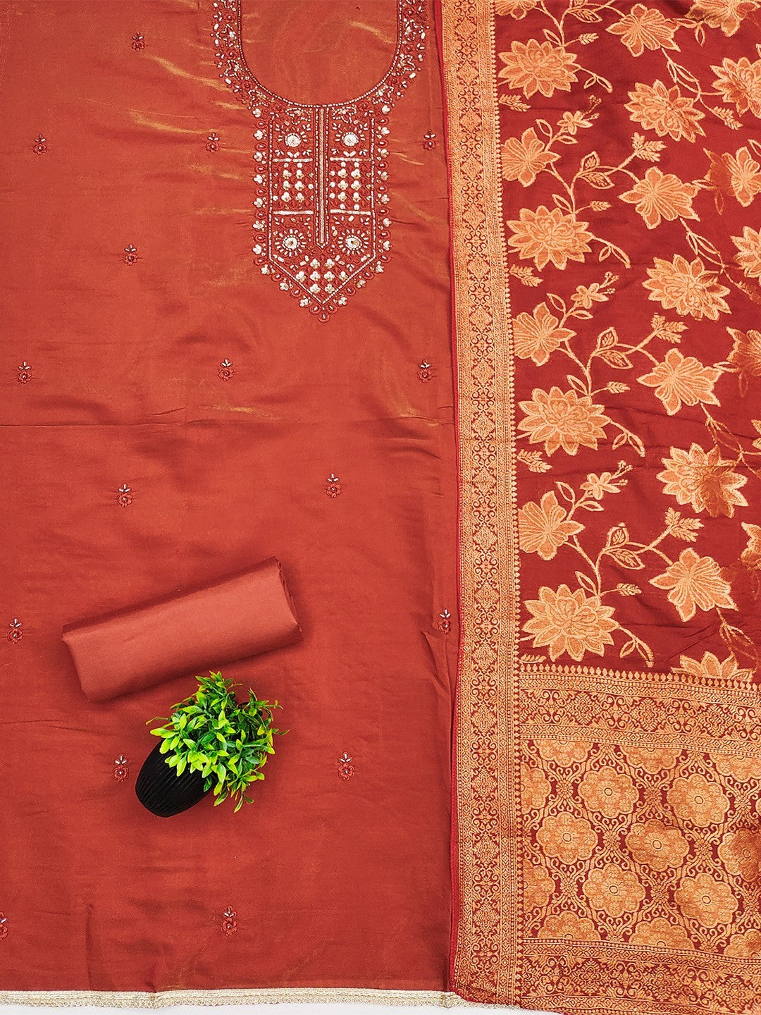 Elegant Rust Shimmer Dress Material with Embroidered Details - Image 3