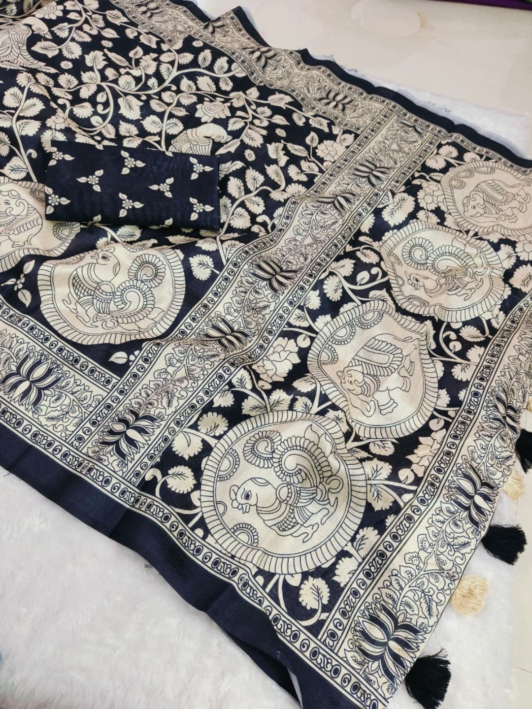 Elegant Black Mysore Silk Saree with Traditional Floral and Animal Print - Image 2