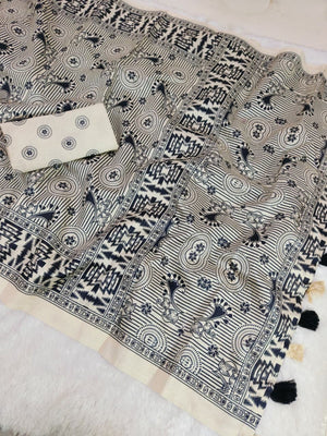 Elegant Cream Mysore Silk Saree with Traditional Ikkat Print - Image 2