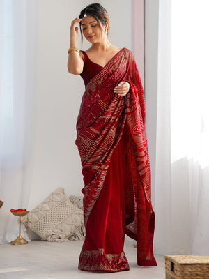 Peachmode Red Georgette Saree with Sequins Embroidery - Image 1