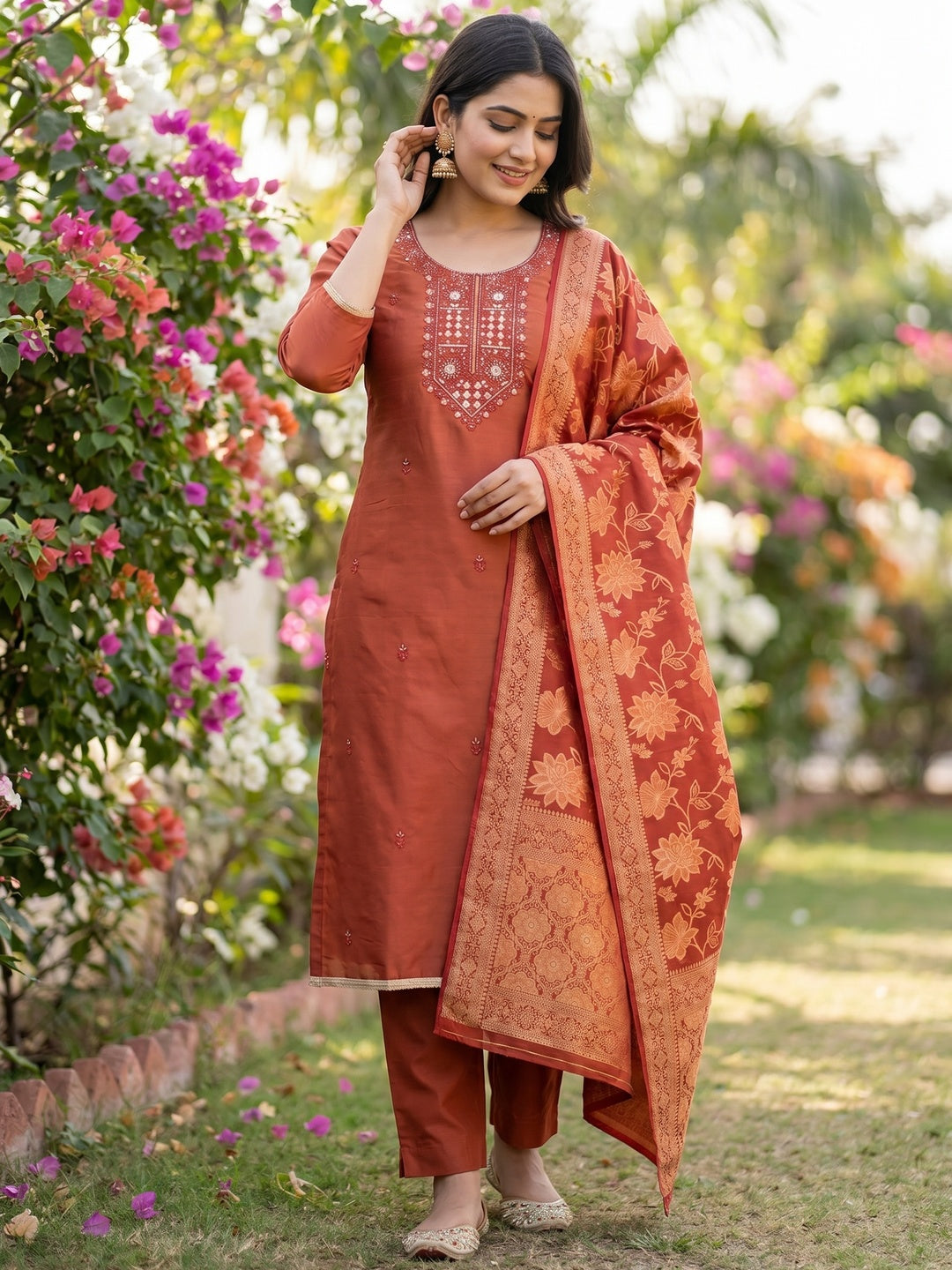 Elegant Rust Shimmer Dress Material with Embroidered Details - Image 2