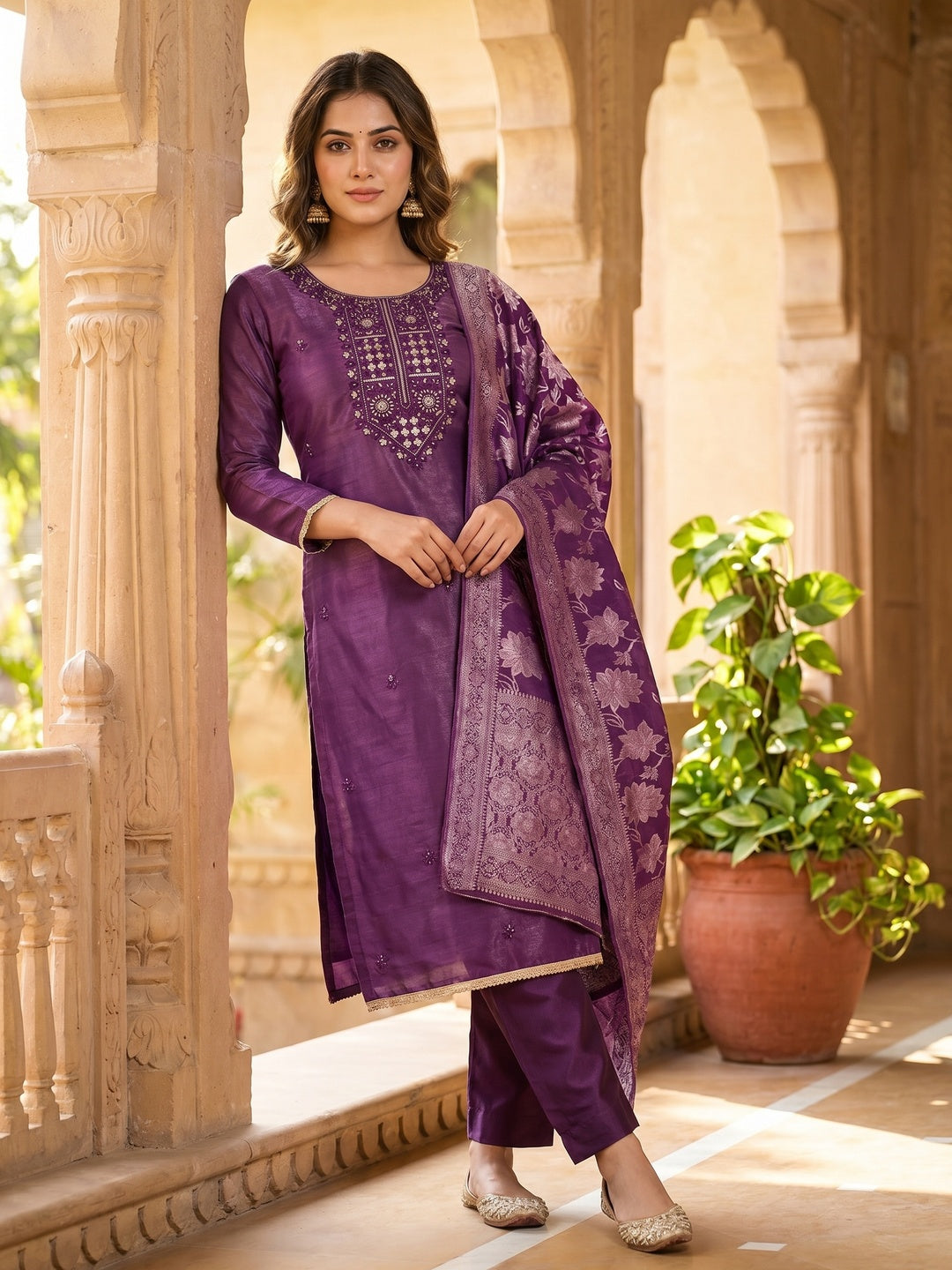 Elegant Purple Shimmer Dress Material with Embroidered Details - Image 2