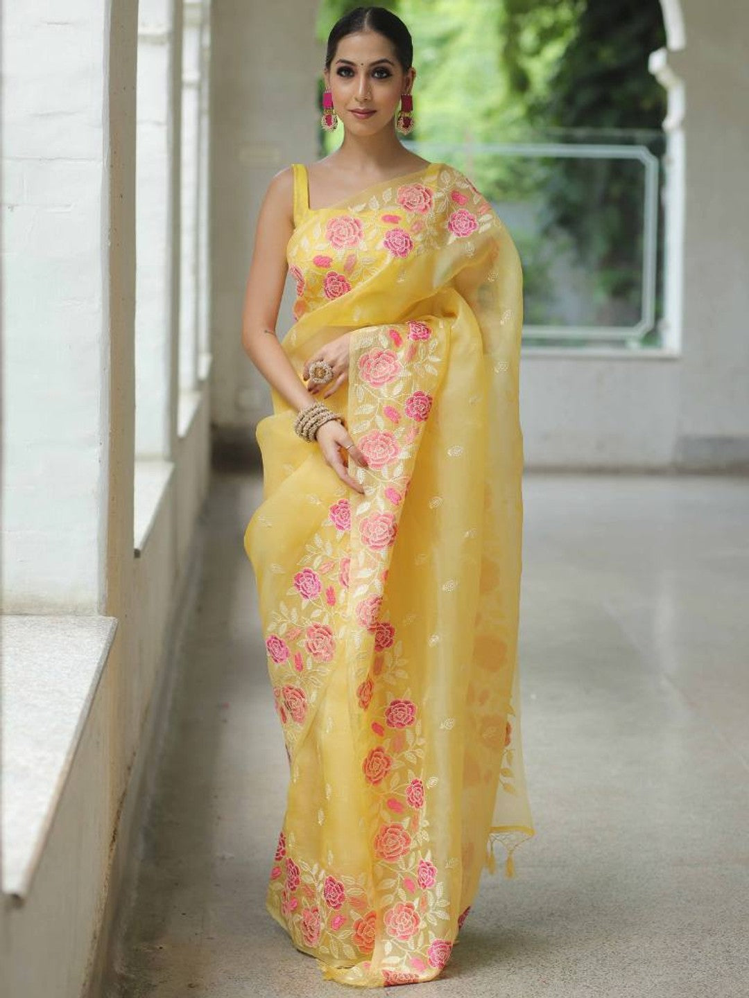 Peachmode Yellow Organza Saree with Thread Embroidery - Image 1