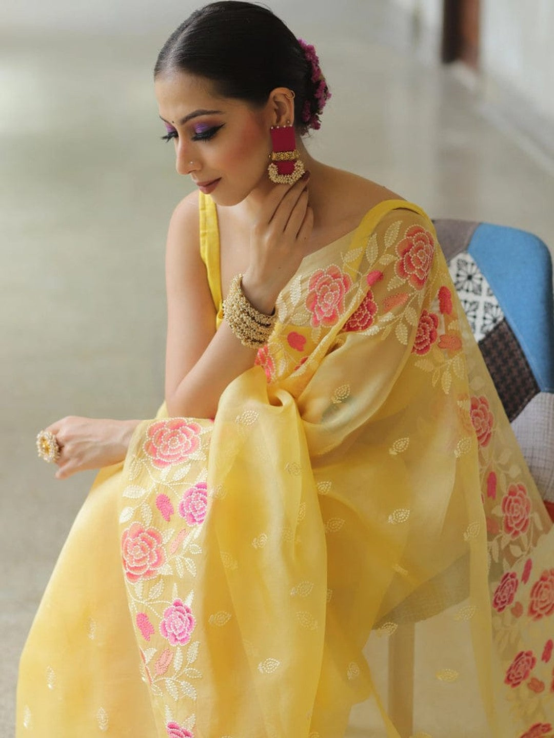 Peachmode Yellow Organza Saree with Thread Embroidery - Image 2
