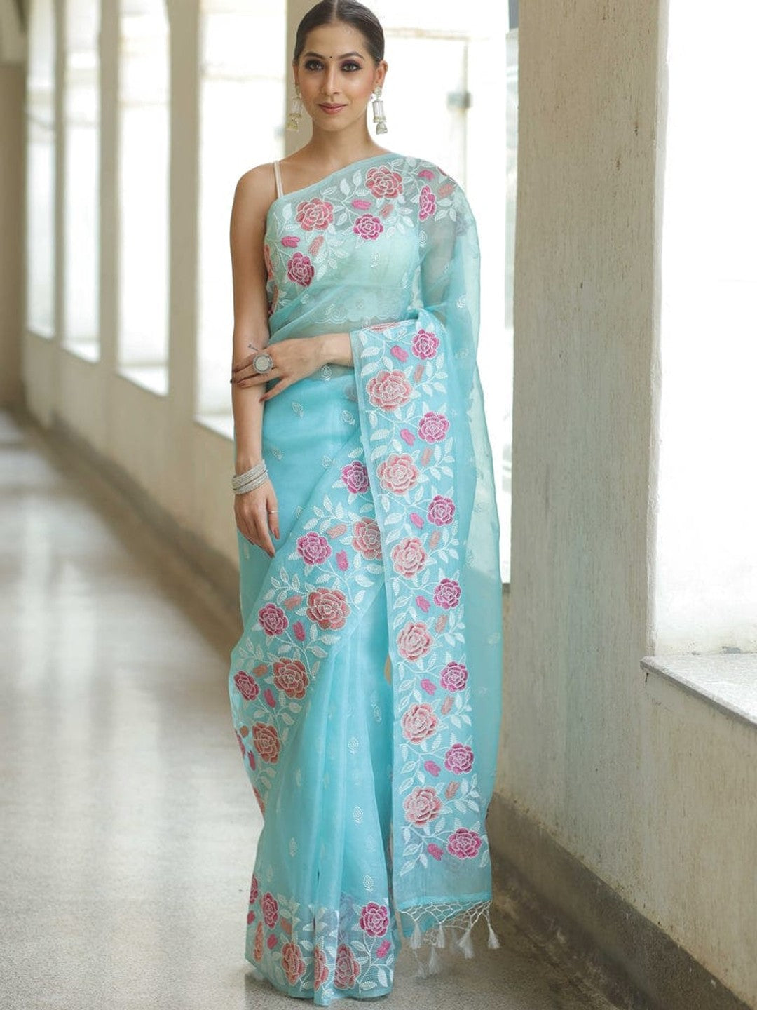 Peachmode Blue Organza Saree with Thread Embroidery - Image 1
