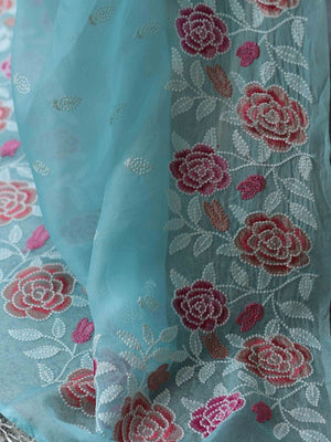Peachmode Blue Organza Saree with Thread Embroidery - Image 2